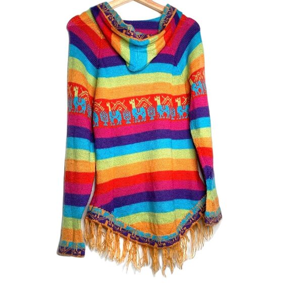 Cardigan Sweater Womens Multicolor Llama Rainbow Long Sleeve Hooded Boho S - Picture 2 of 11